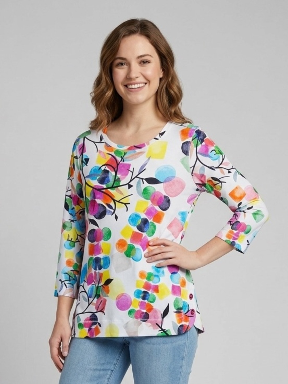 Ali Miles Multicolor Abstract Dot & Square Top - White Base